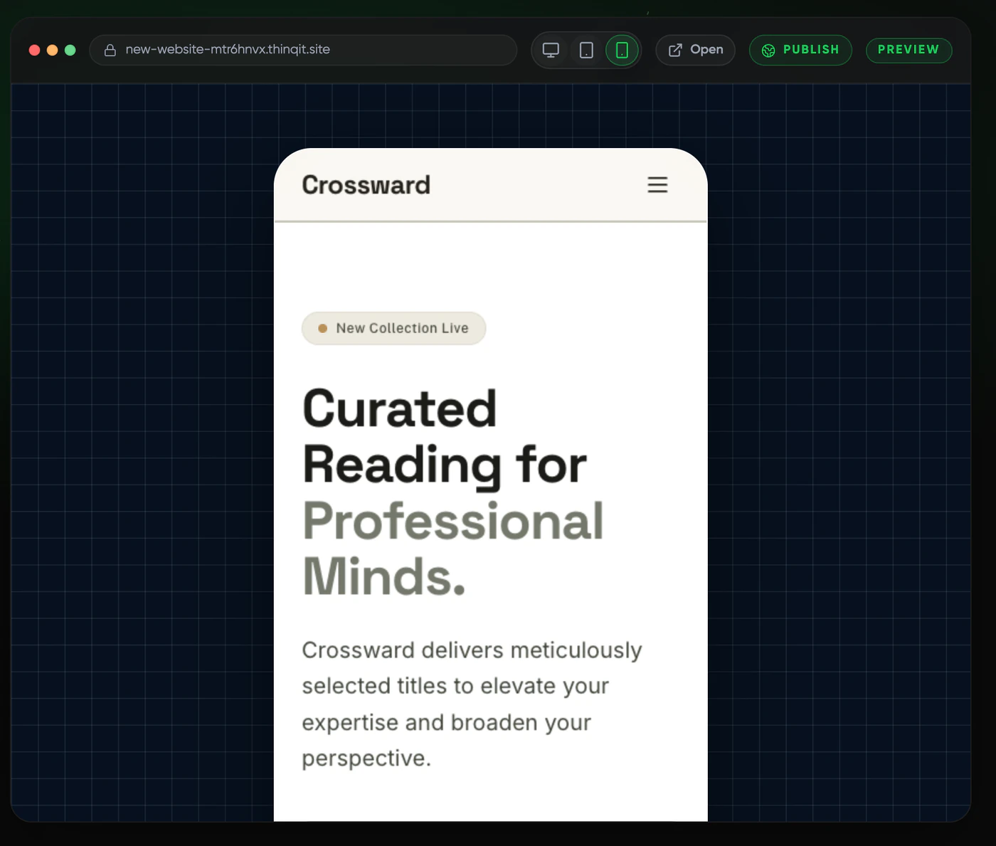 The Codex preview showing a bookshop website at phone size
