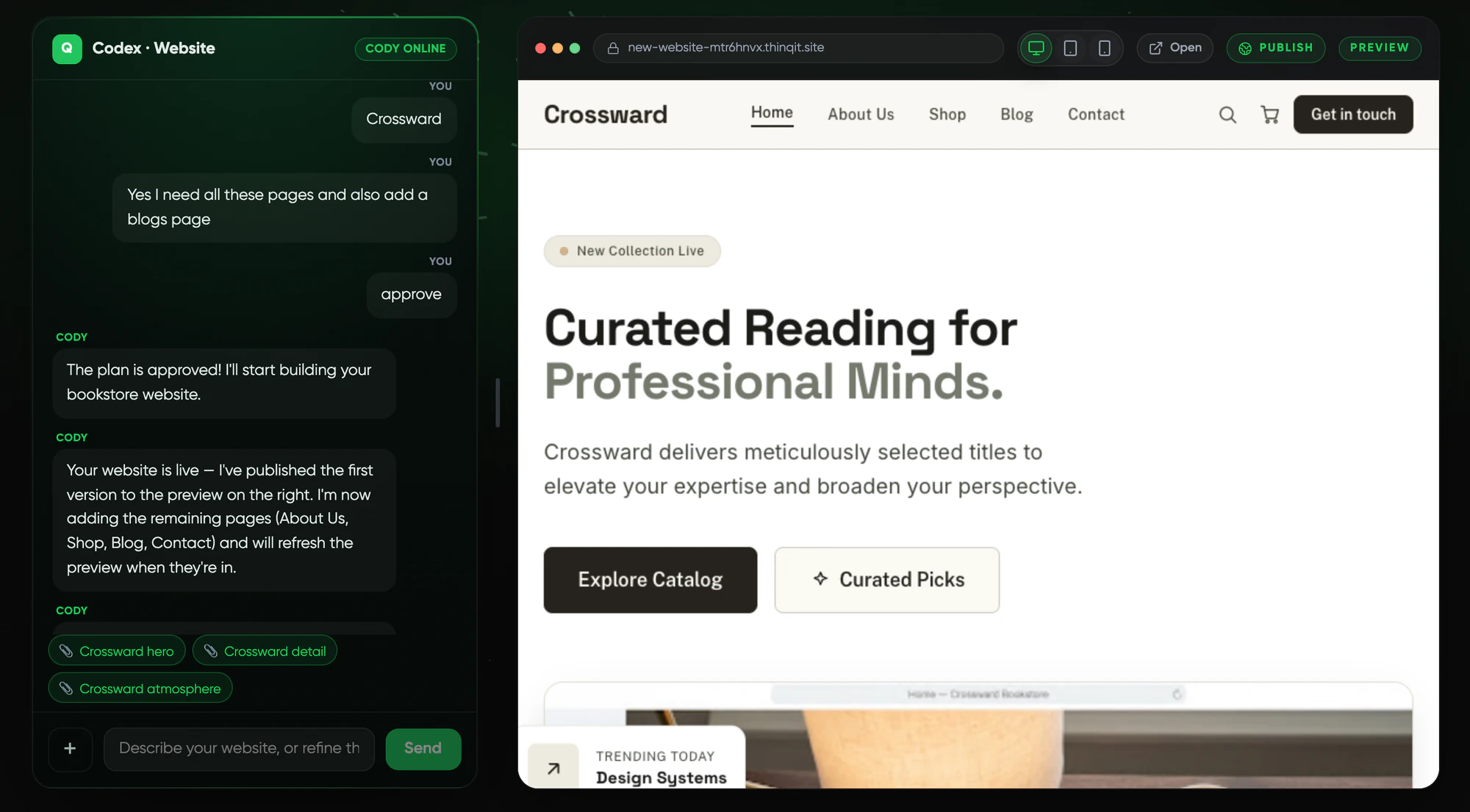 The Codex builder: a chat with Cody next to a live preview of a bookshop website