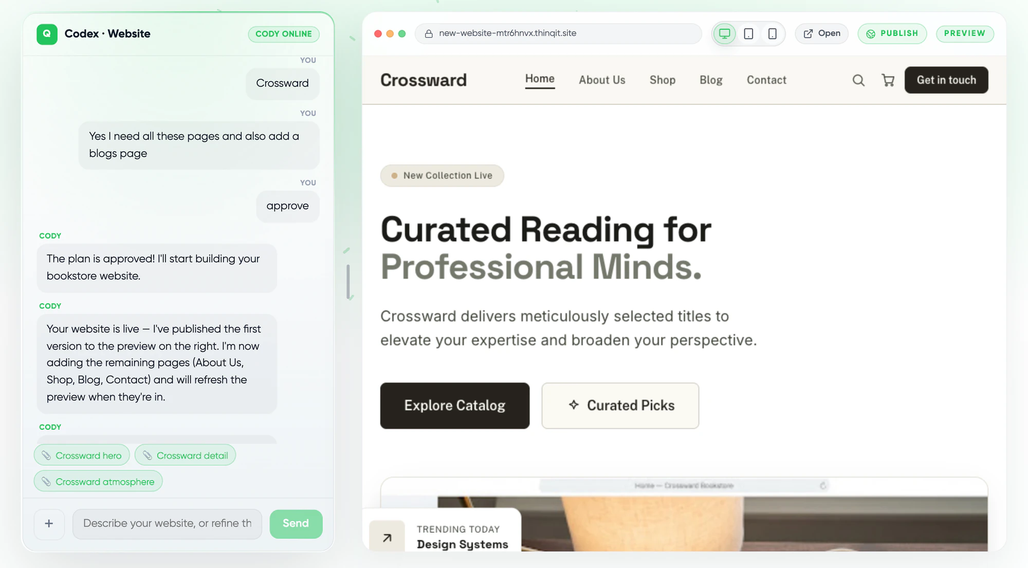 The Codex builder: a chat with Cody next to a live preview of a bookshop website