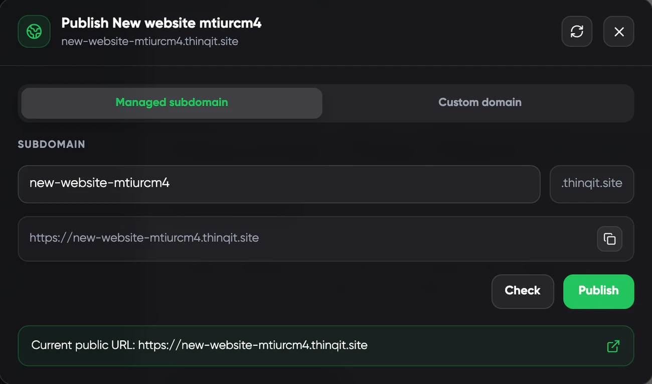 The Codex publish window with a free subdomain and a custom domain option