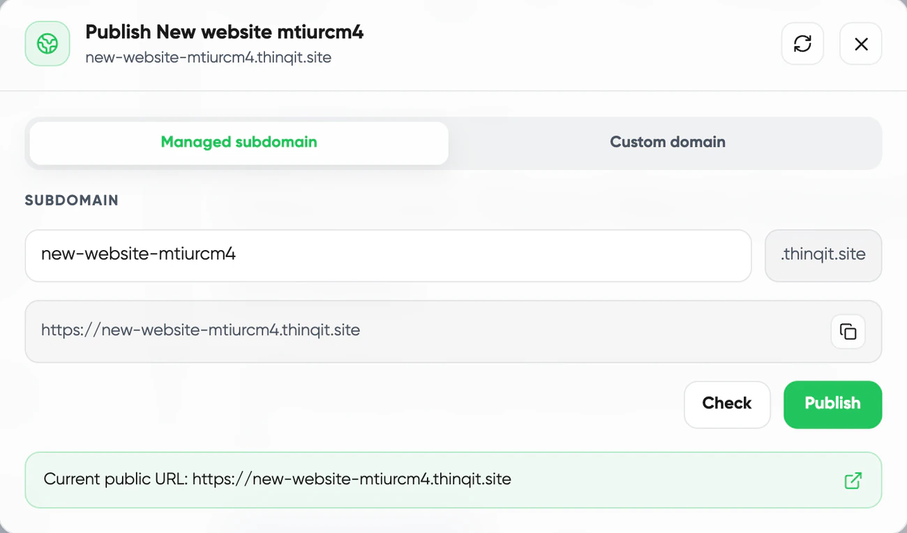 The Codex publish window with a free subdomain and a custom domain option