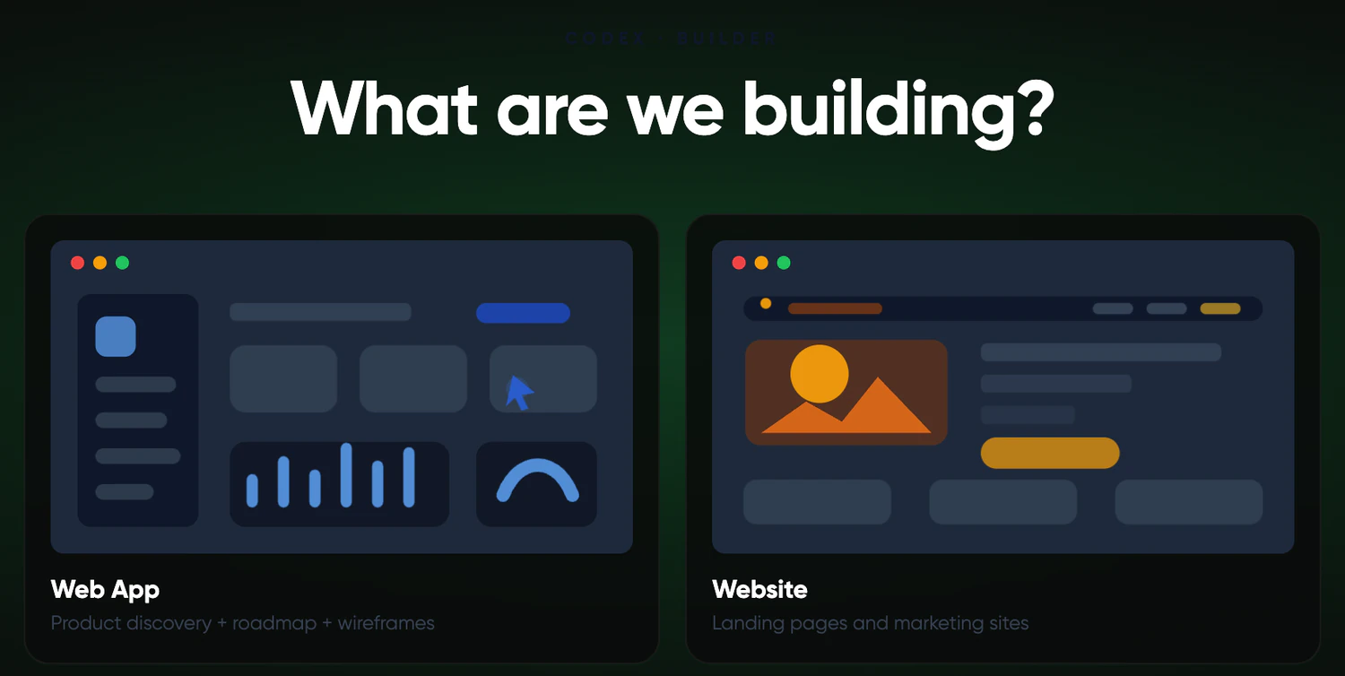 Starting a new project in Codex: choose a web app or a website