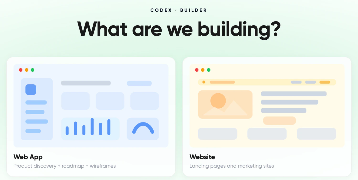 Starting a new project in Codex: choose a web app or a website