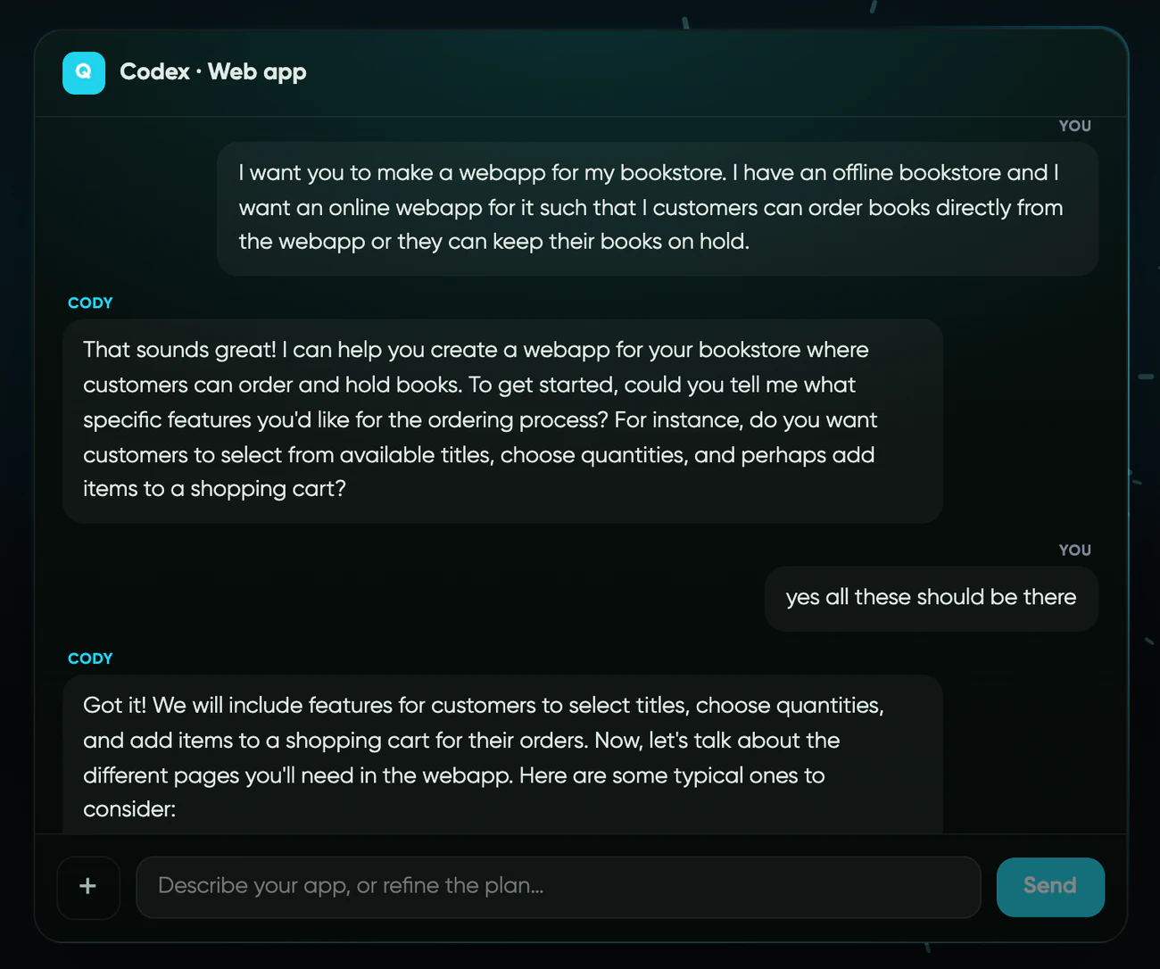 Cody planning an ordering app for a bookshop in the Codex chat