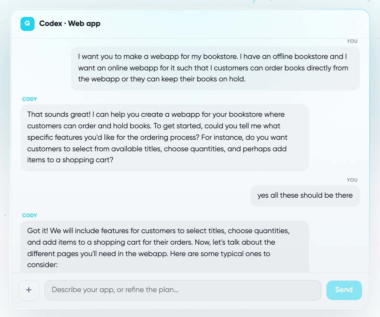 Cody planning an ordering app for a bookshop in the Codex chat