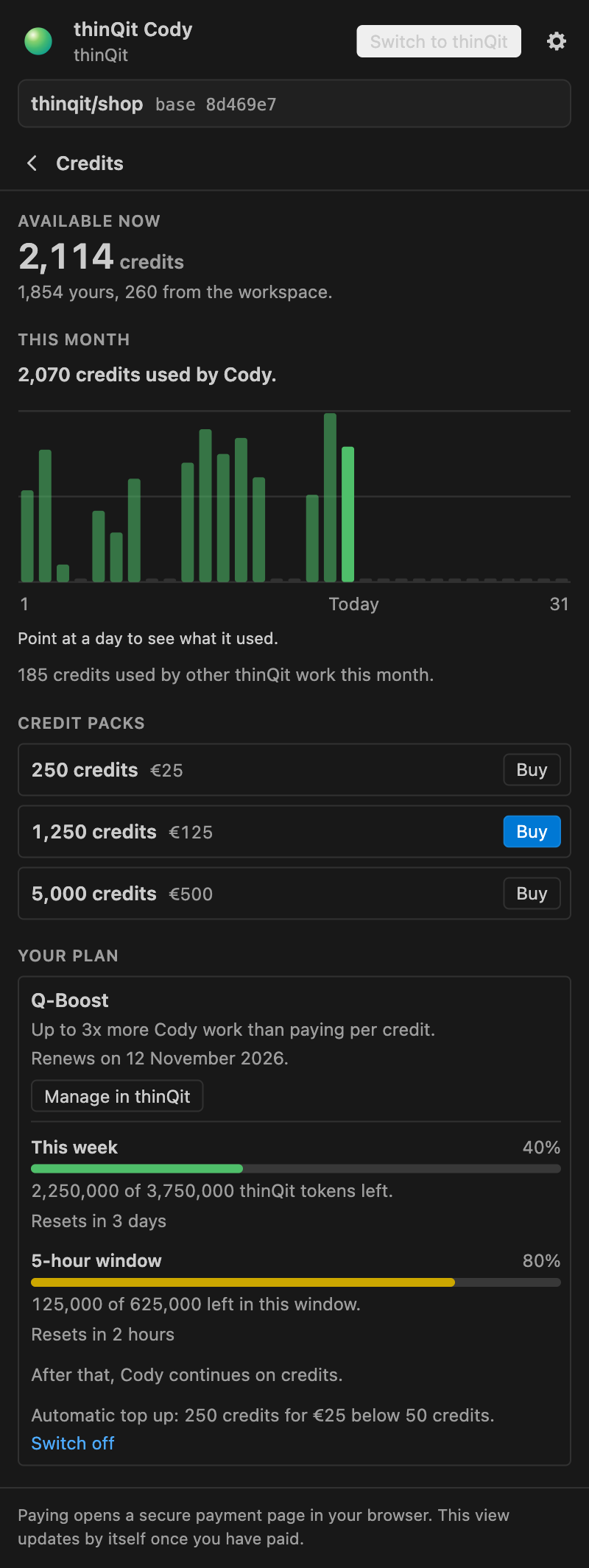 The Credits view: the credits available now, Cody's use per day this month, credit packs with Buy and your plan