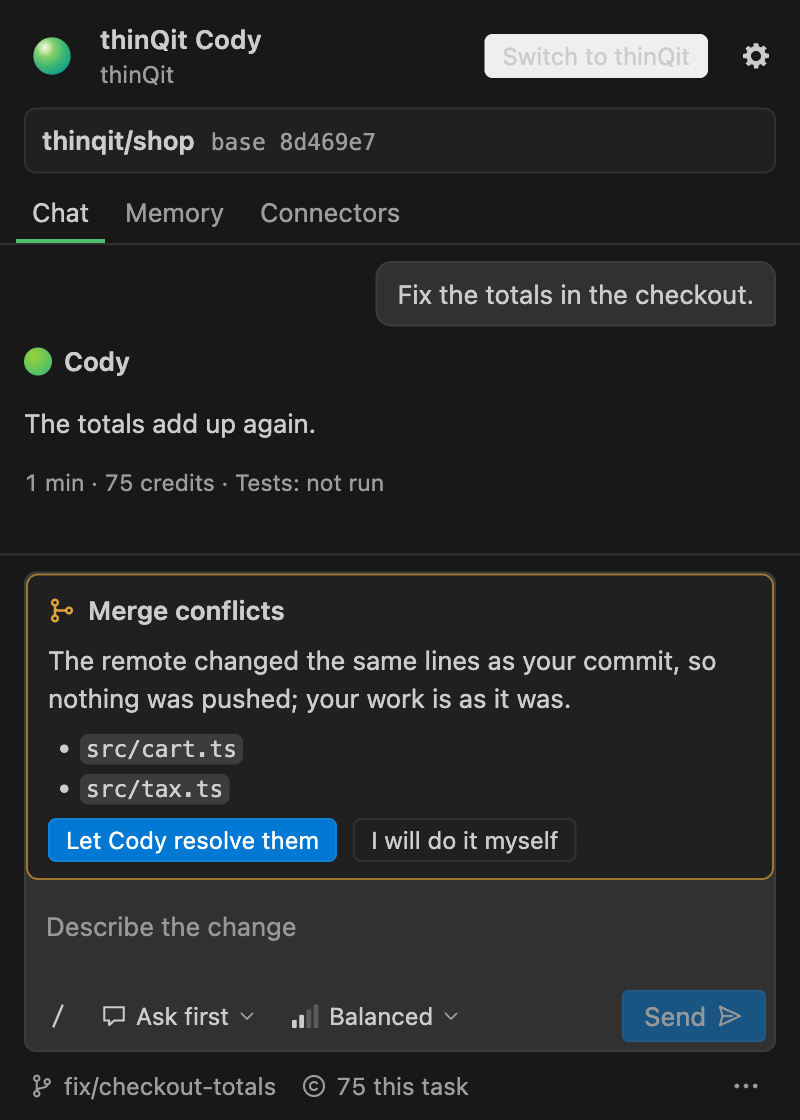 The merge conflicts card after a refused push: the remote changed the same lines as your commit, with Let Cody resolve them and I will do it myself