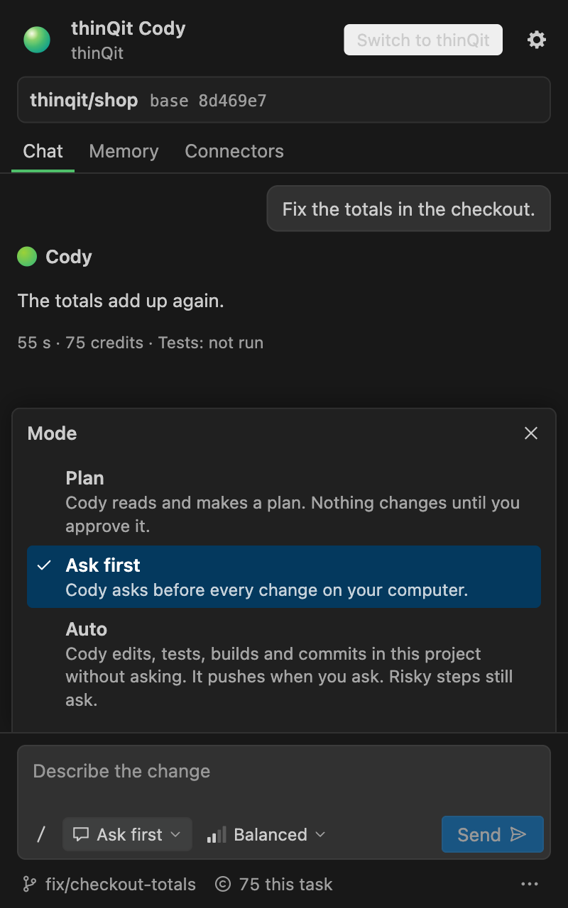 The Mode popover above the message box with Plan, Ask first and Auto, and the quiet line under the box: the branch, this task's credits and the dots that open Details