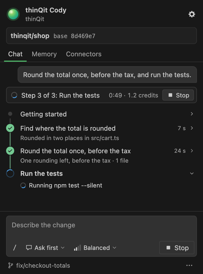 Cody's panel in VS Code showing the steps of a running task