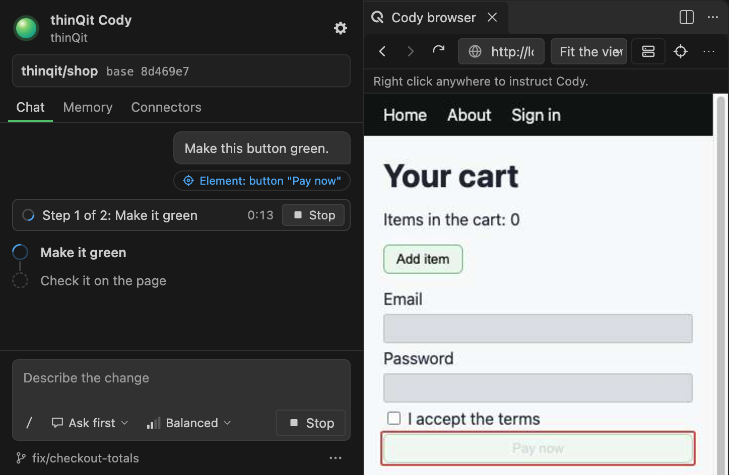 The panel beside Cody's browser: "Right click anywhere to instruct Cody." under the toolbar, and the message with the chip Element: button "Pay now"